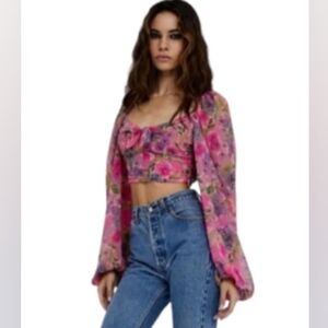 NWT For Love & Lemons Trisha Crop Top Pink Floral Size M Side Zip Sheer Chiffon